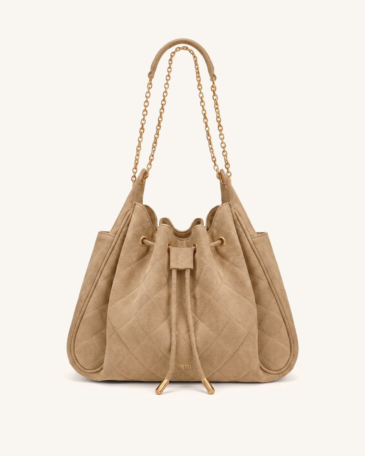 Rowan Faux Suede Quilting Ruched Drawstring Chain Bucket Bag - Coconut Brown