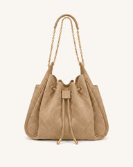 Rowan Faux Suede Quilting Ruched Drawstring Chain Bucket Bag - Coconut Brown