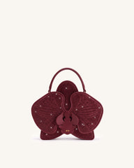 Flora Artificial Crystal Orchid Shaped Top Handle Bag - Burgundy