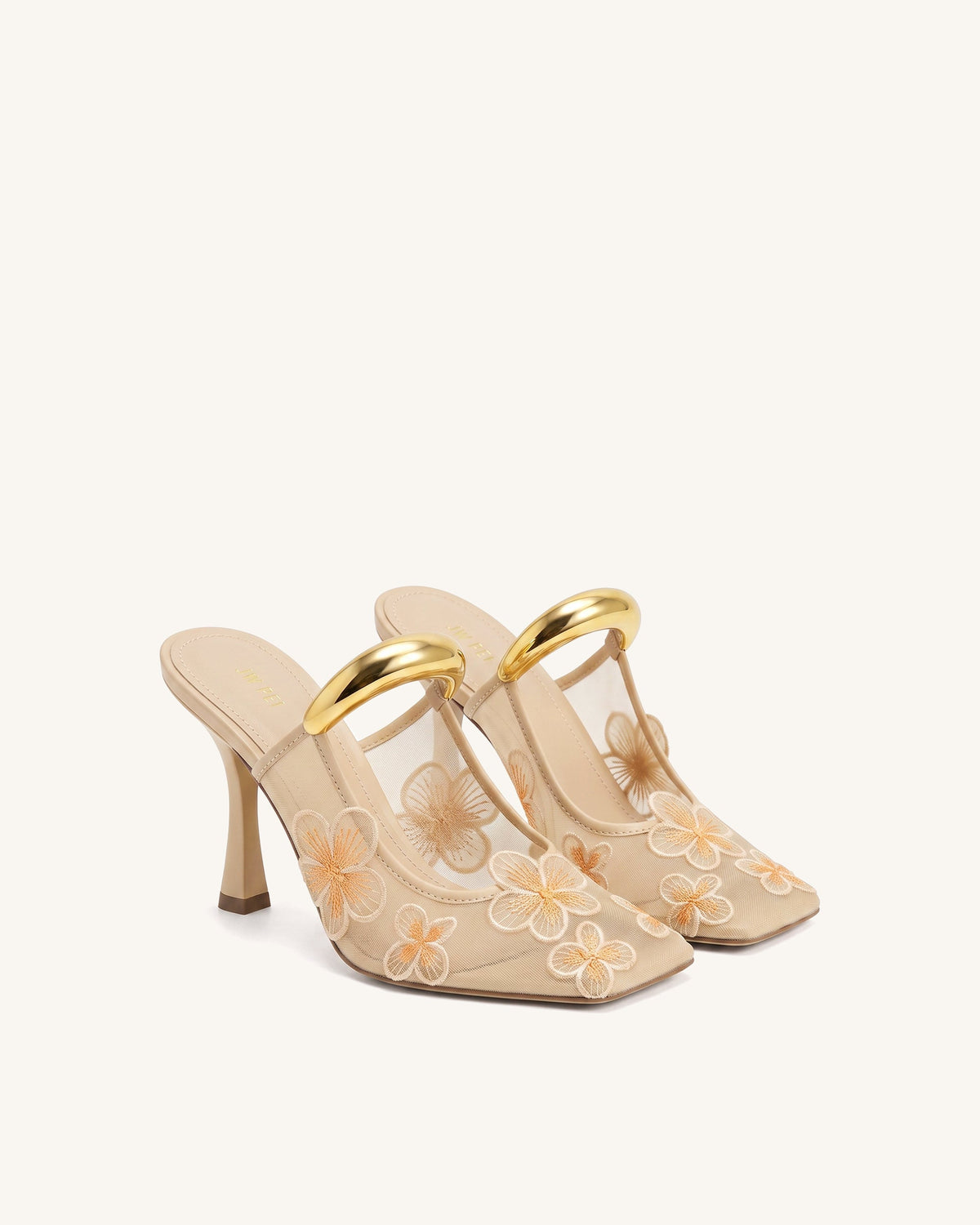 Mireille Pierced Floral Embroidered Appliqué Mesh Mules - Apricot