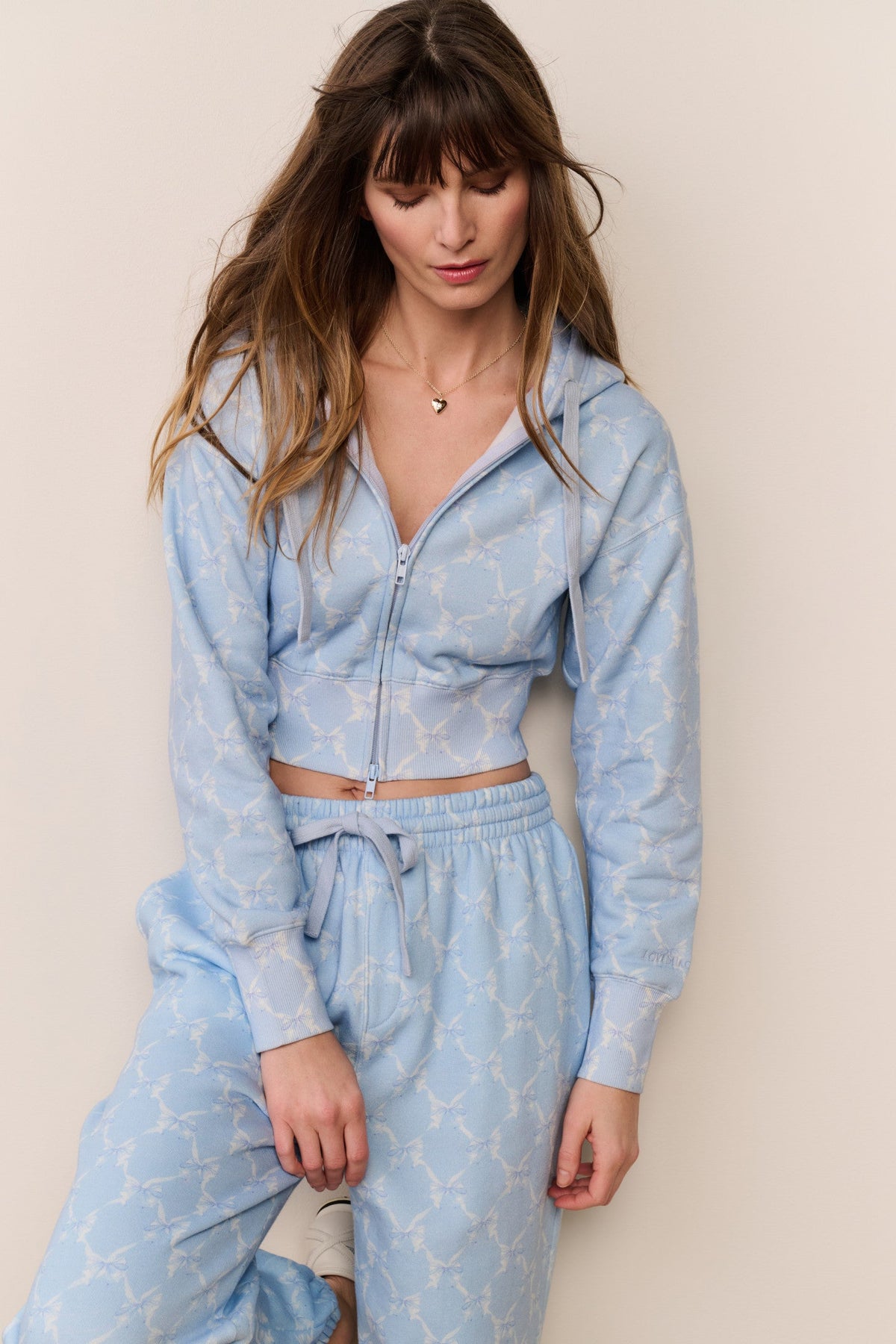 Arienne Cropped Bow Print Hoodie - CHILLED BLUE