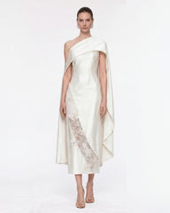 Butterfly Lace Panel Draped
 Satin Midi Dress - Ivory