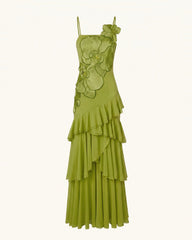 Orchid Embroidered Ruffled One-Shoulder Maxi Dress - Olive Green