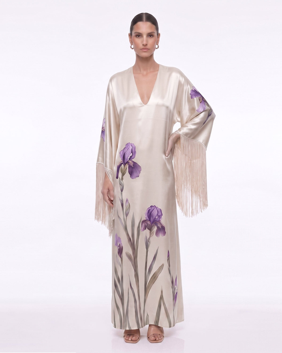 Iris Print Fringe Sleeve V-Neck Maxi Dress - Champagne