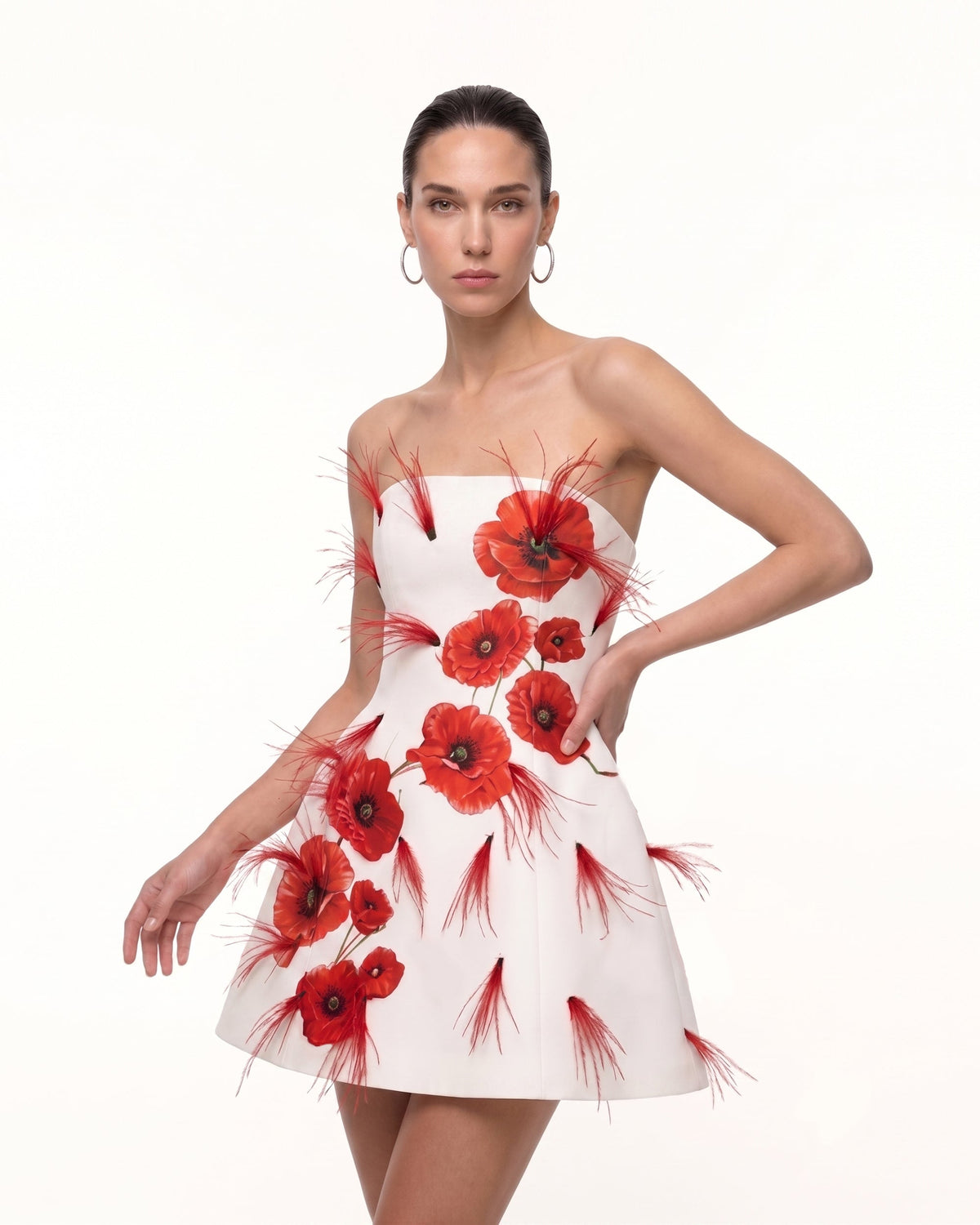 Corn Poppy Feathered Printed Mini Dress - Ivory