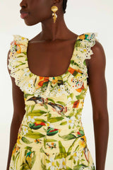 Soft Yellow Brasil Collage Lace Ruffled Mini Dress