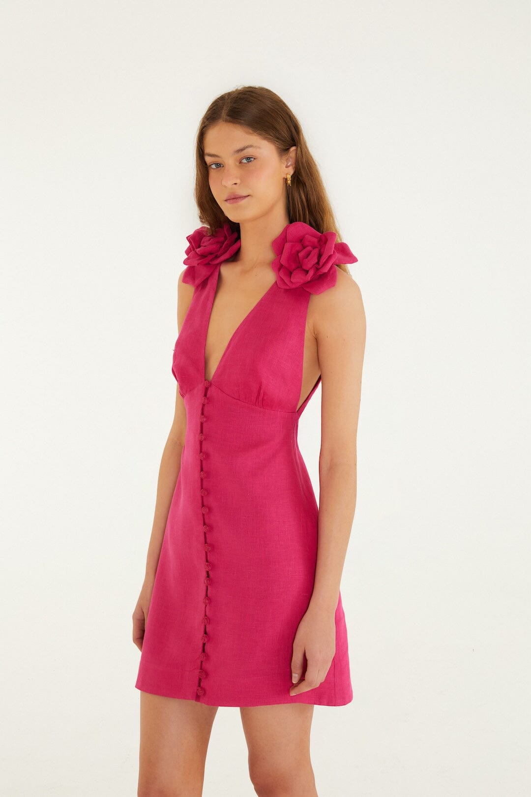 Pink 3d Flower Euroflax™ Premium Linen Mini Dress