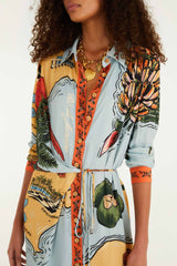 Multicolor Beaches Path Collared Buttoned Maxi Dress