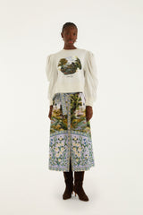 Multicolor Countryside Landscape Belted Midi Skirt