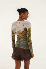 Multicolor Countryside Landscape Long Sleeve Jersey Blouse