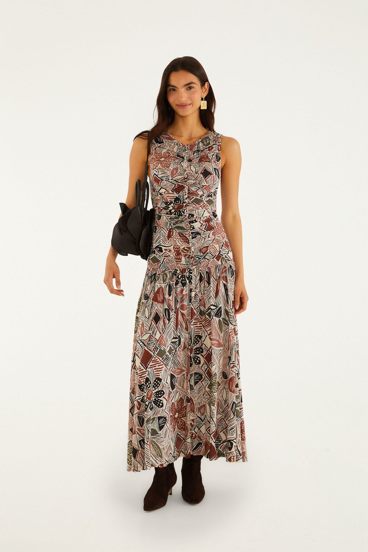 Multicolor Rustic Flowers Sleeveless Ruched Maxi Dress