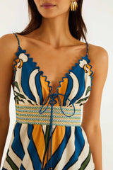 Multicolor Tropical Graphic Wavy Detail Maxi Dress