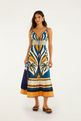Multicolor Tropical Graphic Wavy Detail Maxi Dress