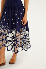 Navy Blue Embroidered Richelieu Midi Dress