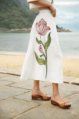 Off-White Flower Embroidered  Midi Skirt