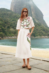 Off-White Flower Embroidered  Midi Skirt