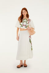Off-White Flower Embroidered  Midi Skirt