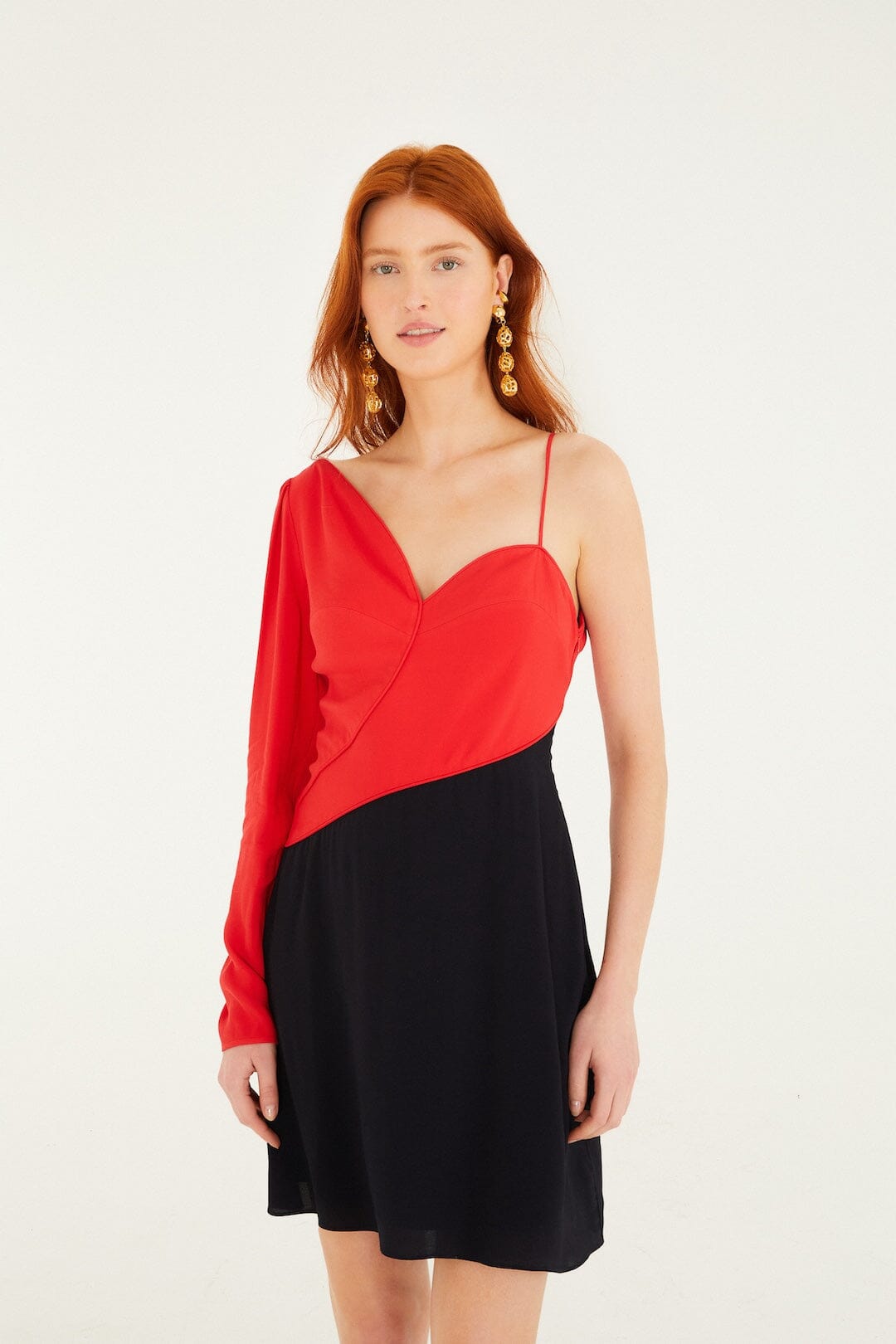 Red Bicolor One-Shoulder Mini Dress