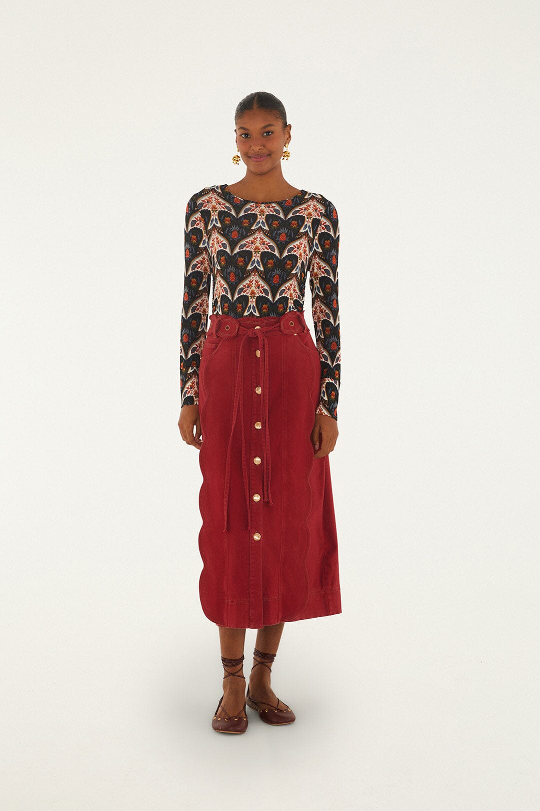 Red Buttoned Belted Wavy Midi Skirt