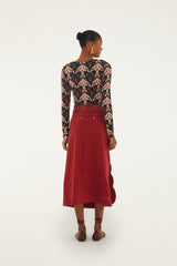 Red Buttoned Belted Wavy Midi Skirt