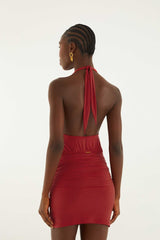 Red Draped Halter Neck Mini Dress