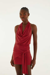 Red Draped Halter Neck Mini Dress