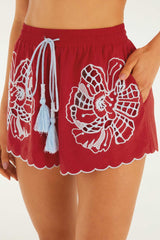 Red Embroidered Shorts