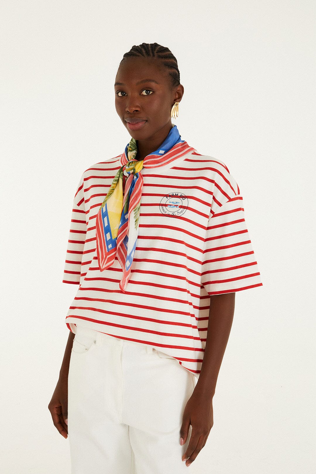 Red Summer In The Tropics Stripes T-Shirt & Scarf