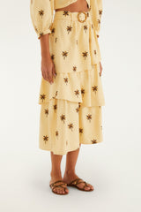 Sand Embroidered Trees Buckled Layered Midi Skirt
