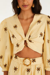 Sand Embroidered Trees Buckled Long Sleeve Crop Top