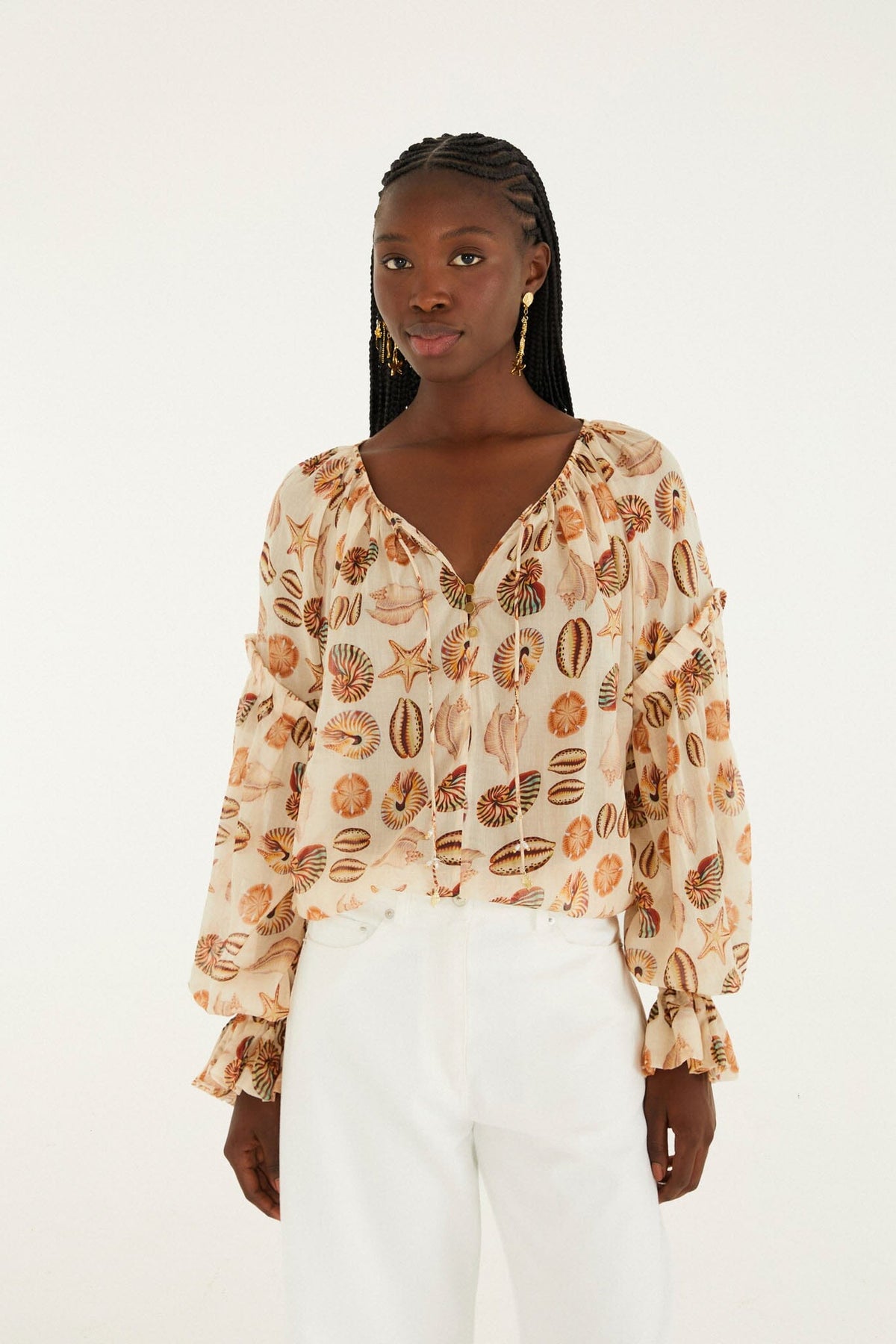 Sand Marine Shells Beaded Ties Blouse