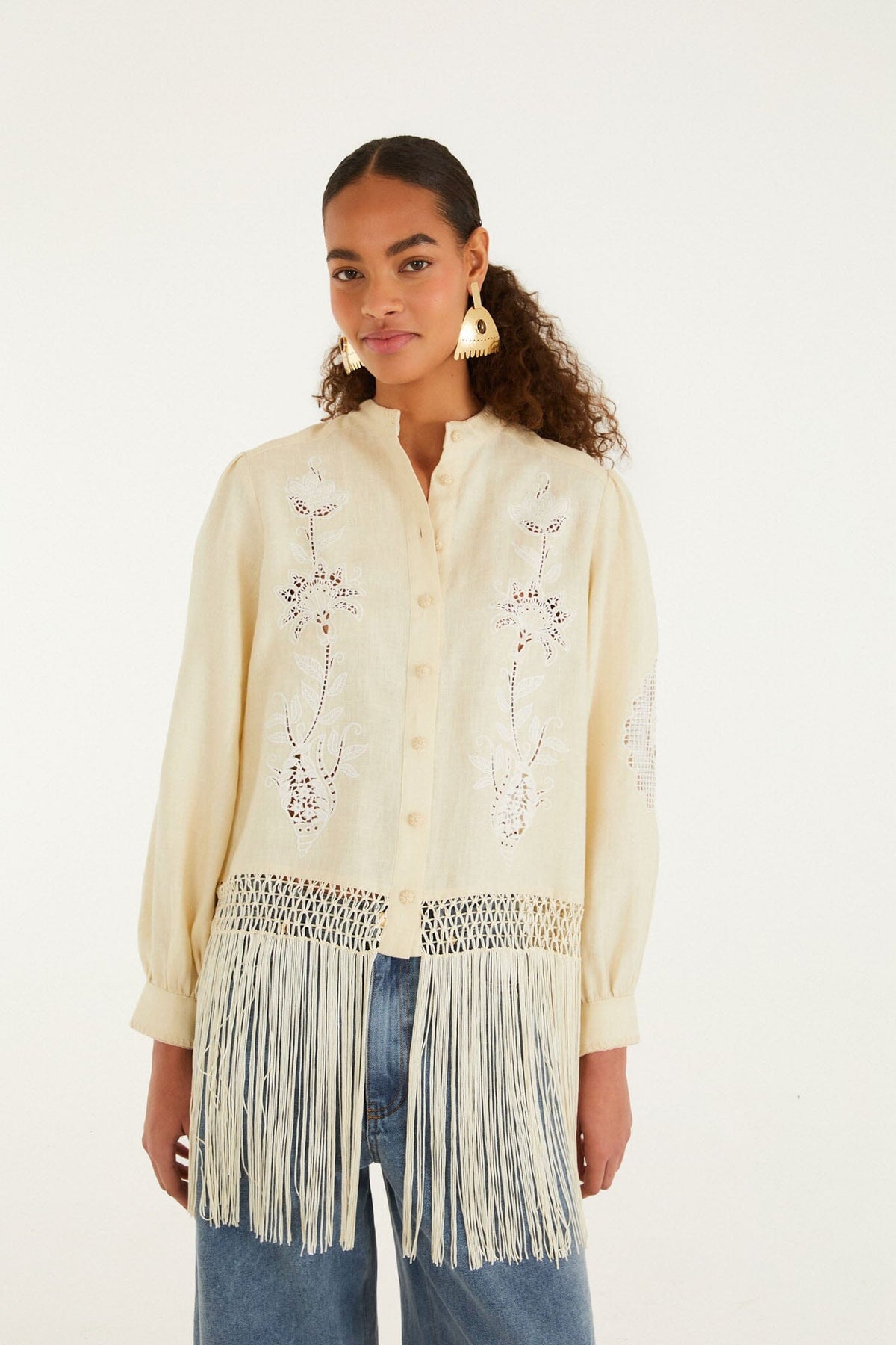 Sand Richelieu Long Sleeve Fringes Shirt