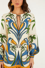 Sand Tropical Graphic Lace Ruffled Mini Dress