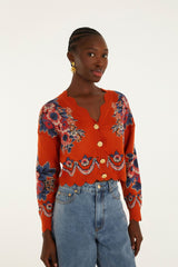 Terracota Victorian Floral Buttoned Knit Cardigan