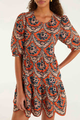 Terracotta Victorian Floral Puff Sleeve Mini Dress