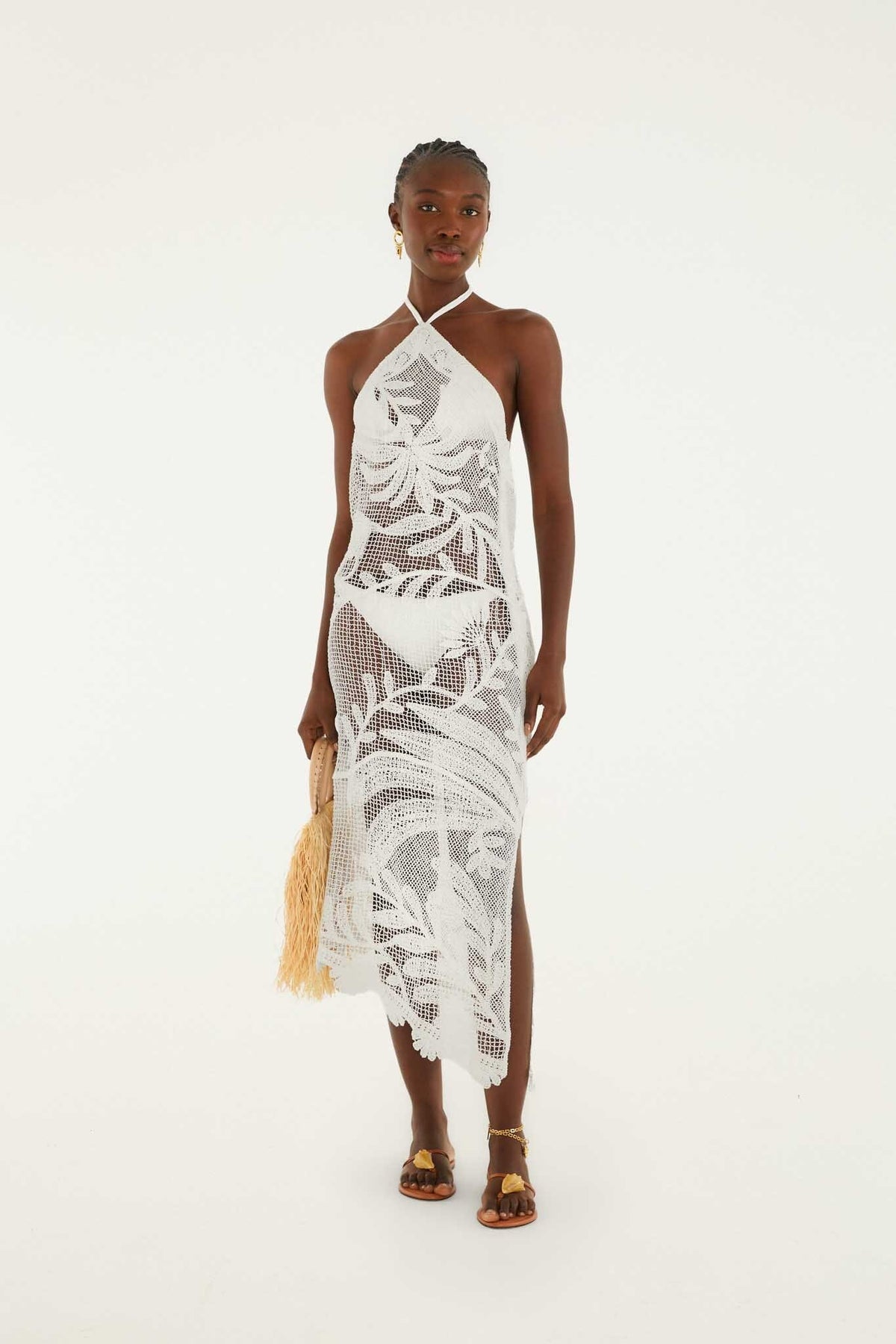 White Crochet Halter Neck Sheer Midi Dress