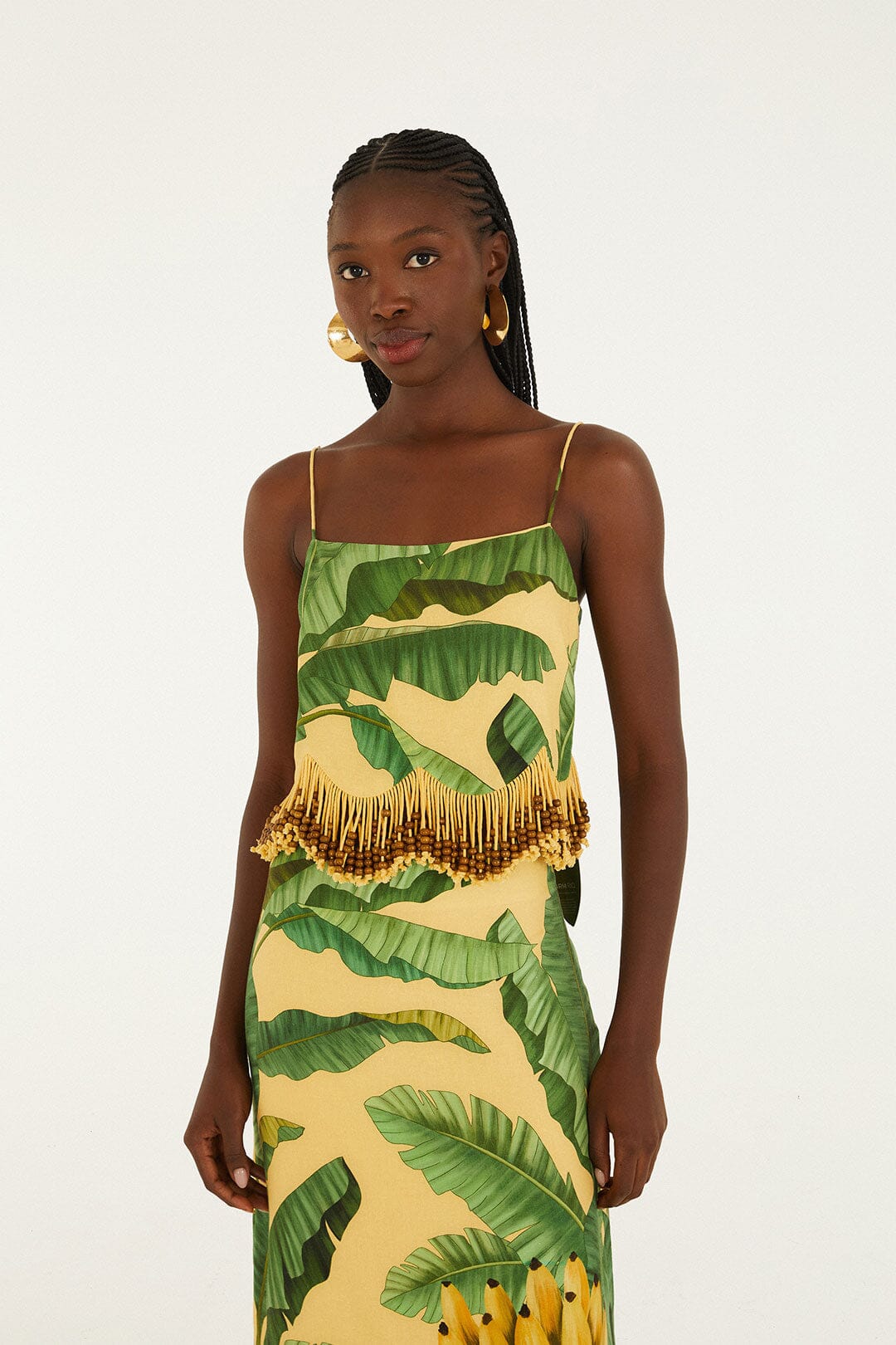 Yellow Fruit Leaves Banana Beaded Fringes Sleeveless Top