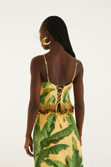 Yellow Fruit Leaves Banana Beaded Fringes Sleeveless Top