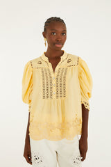 Yellow Romantic Richelieu Short Sleeve Blouse