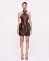 3D Butterfly Appliqué Halter Satin Mini Dress - Brown