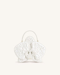 Flora Sequin Orchid Shaped Top Handle Bag - White