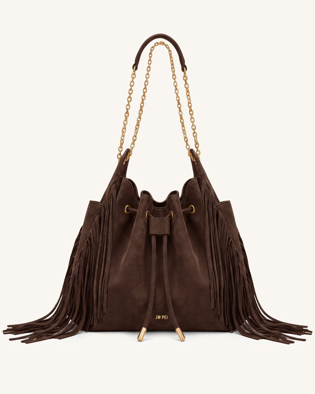 Rowan Faux Suede Tassel Ruched Drawstring Chain Bucket Bag - Amber Brown