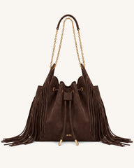 Rowan Faux Suede Tassel Ruched Drawstring Chain Bucket Bag - Amber Brown