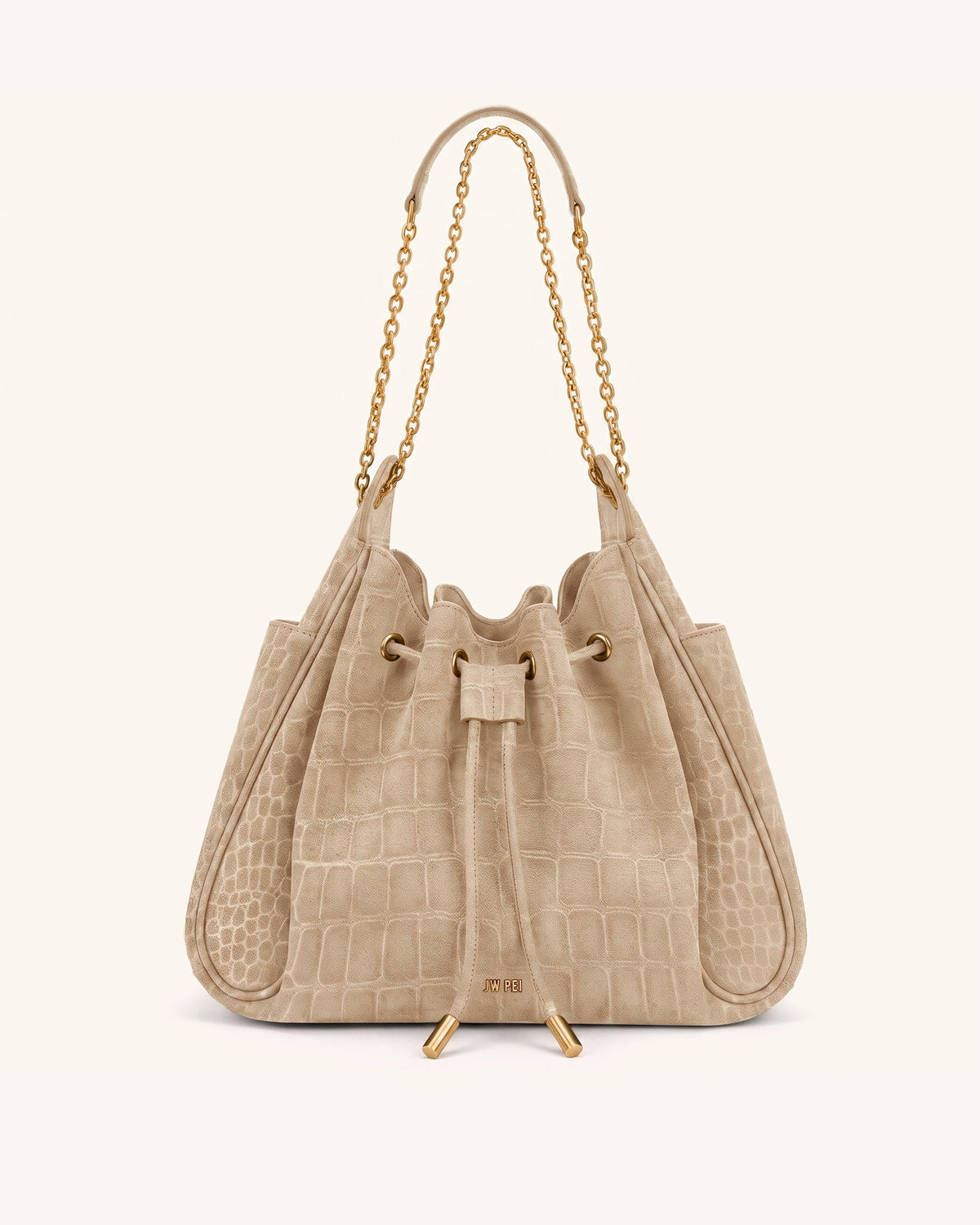 Rowan Faux Suede Drawstring Chain Bucket Bag - Camel Croc