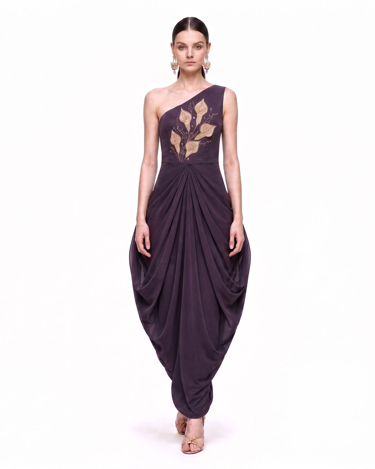 Botanical Embellished Draped One-Shoulder Maxi Dress - Dark Purple