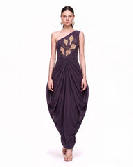 Botanical Embellished Draped One-Shoulder Maxi Dress - Dark Purple