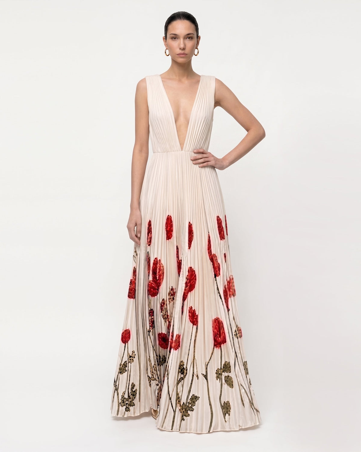 Printed Corn Poppy Plissé Plunge Maxi Dress - Ivory