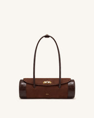 Maelis Faux Suede Croc-Trim Barrel Bag - Dark Brown