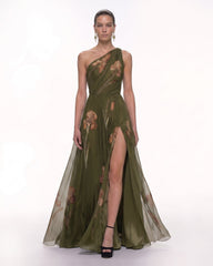 Floral One Shoulder Maxi Dress - Olive Green