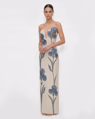 Iris Embroidered Notch Neck 
Strapless Maxi Dress 
- Light Beige